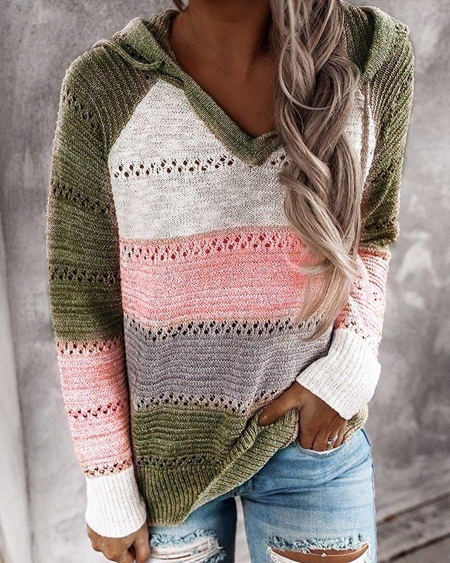 

Женская вязаная толстовка с капюшоном - Европейский и американский колор-блок, длинный рукав, свободный крой, со шнурком 3XL армия зеленый