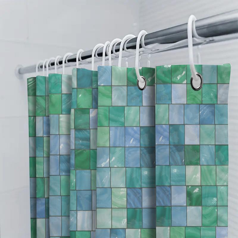 Green Blue Bath Mat Home Decor Shower Curtain Waterproof Fabric Bathroom Accessories For Bathtub Toilet Stickers Square Pattern