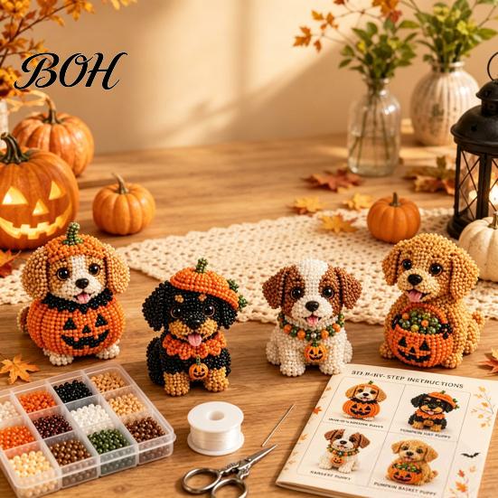 Creative Hobby Sets Halloween Dog Bead Art Set, DIY 4 Beaded Puppy Figurines, 3D Craft Kit for Kids Adults Teens, Holiday Decoration Handmade