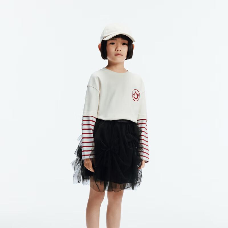 little MO&Co. Kids  Striped Fake Two-Piece Long Sleeve Cotton T-shirt 140