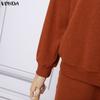 VONDA Spring Autumn Women Outfits Long Sleeve Rib Blouse and Pants Two Piece Knitted Suits