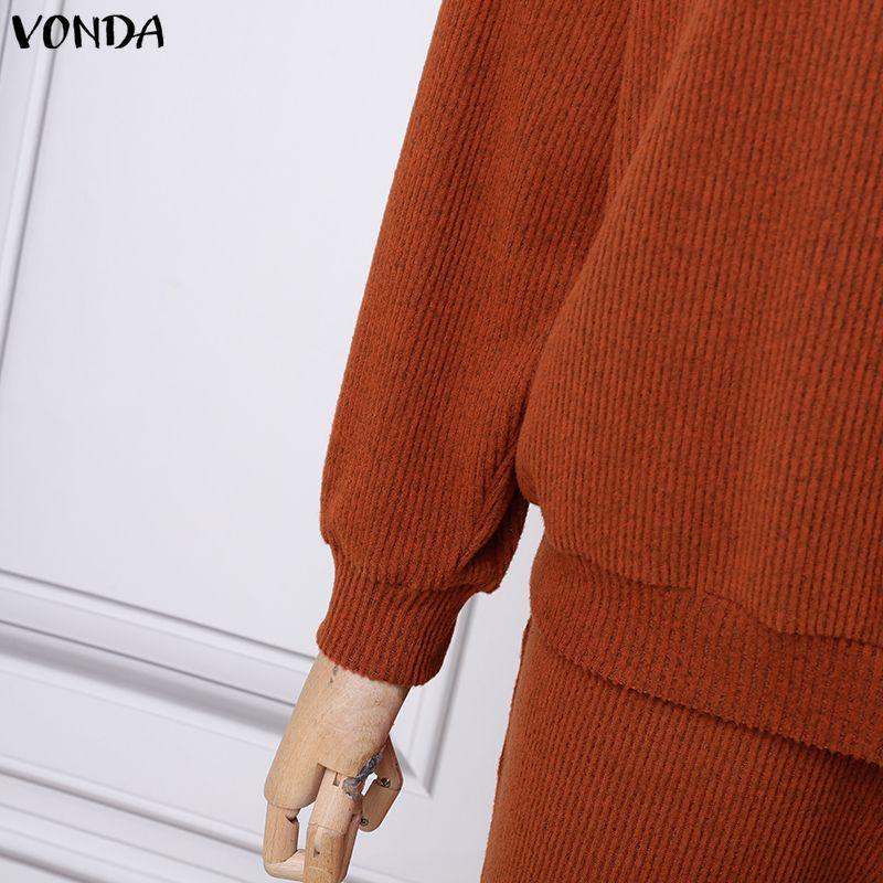 VONDA Spring Autumn Women Outfits Long Sleeve Rib Blouse and Pants Two Piece Knitted Suits