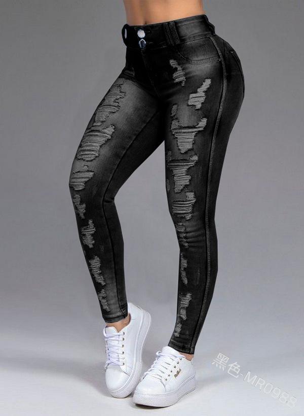 Women's High Waist Ripped Skinny Jeans Stretch Washed Denim Pants Slim Fit Long Trousers