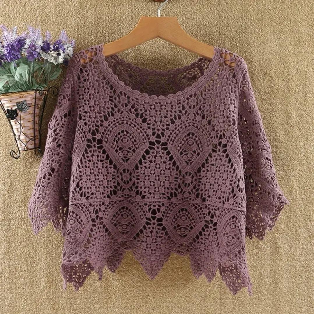 

Женский летний дышащий однотонный ажурный кружевной пуловер с коротким рукавом и кондиционером, внешняя рубашка 2XL
