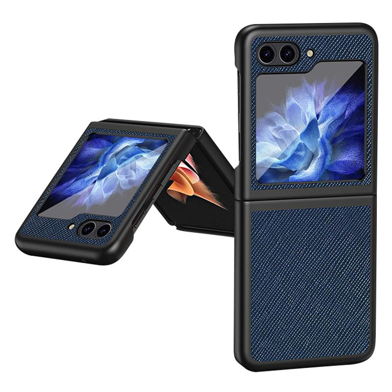 

For Samsung Galaxy Z Flip5 5G Cross Texture Phone Case Rubberized PU Leather Hard PC Phone Cover Sapphire