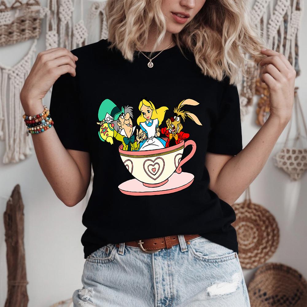 Disney Alice In Wonderland Teacup Trio Print Cotton T Shirt For Women Casual Comfortable Daily Wear Soft Breathable Tee