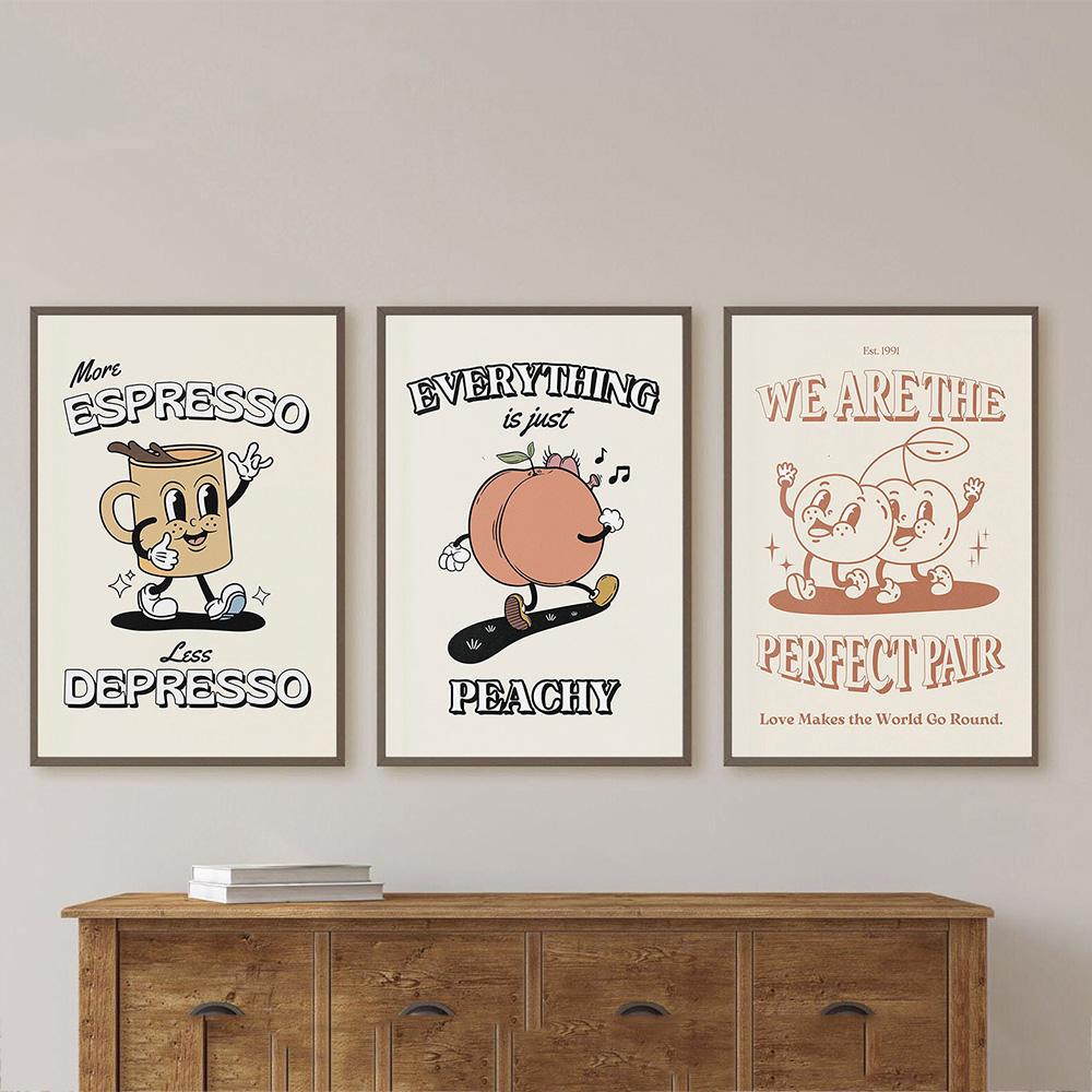 Retro Coffee Fruit Sunshine Canvas Painting Prints Fun Kitchen Posters More Espresso Less Depresso Quotes Canvas Wall Art Decor No Frame