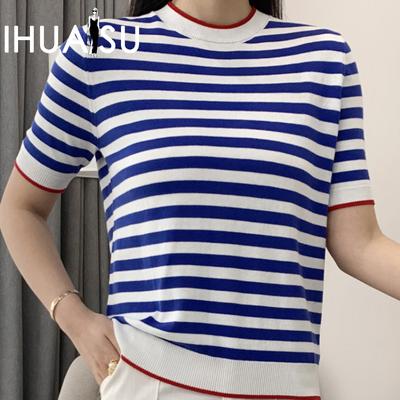 Colour Blocking Striped Cotton Short-sleeved T-shirt Women's Summer Half-sleeve Knitted Bottoming Half-sleeve