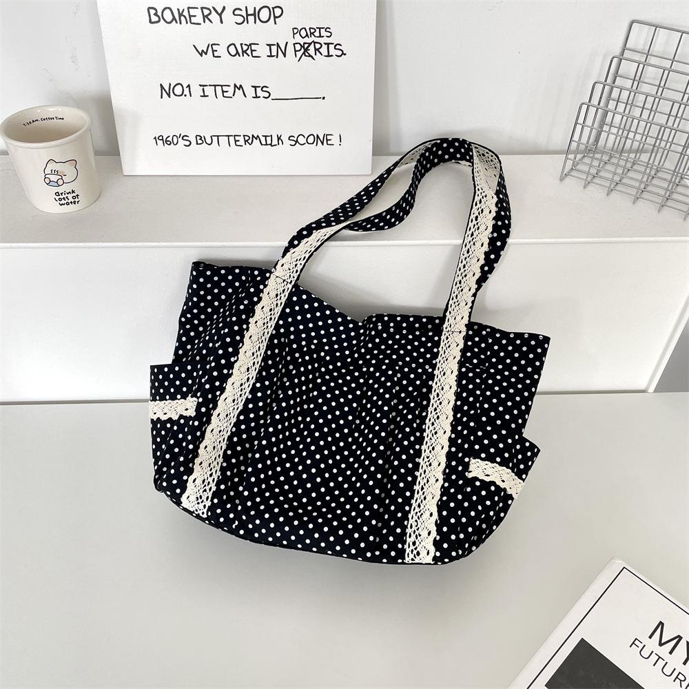 1 Polka Dot Canvas Bag Women's Niche Sweet Lace Shoulder Bag Commuter Large Capacity Tote Bag