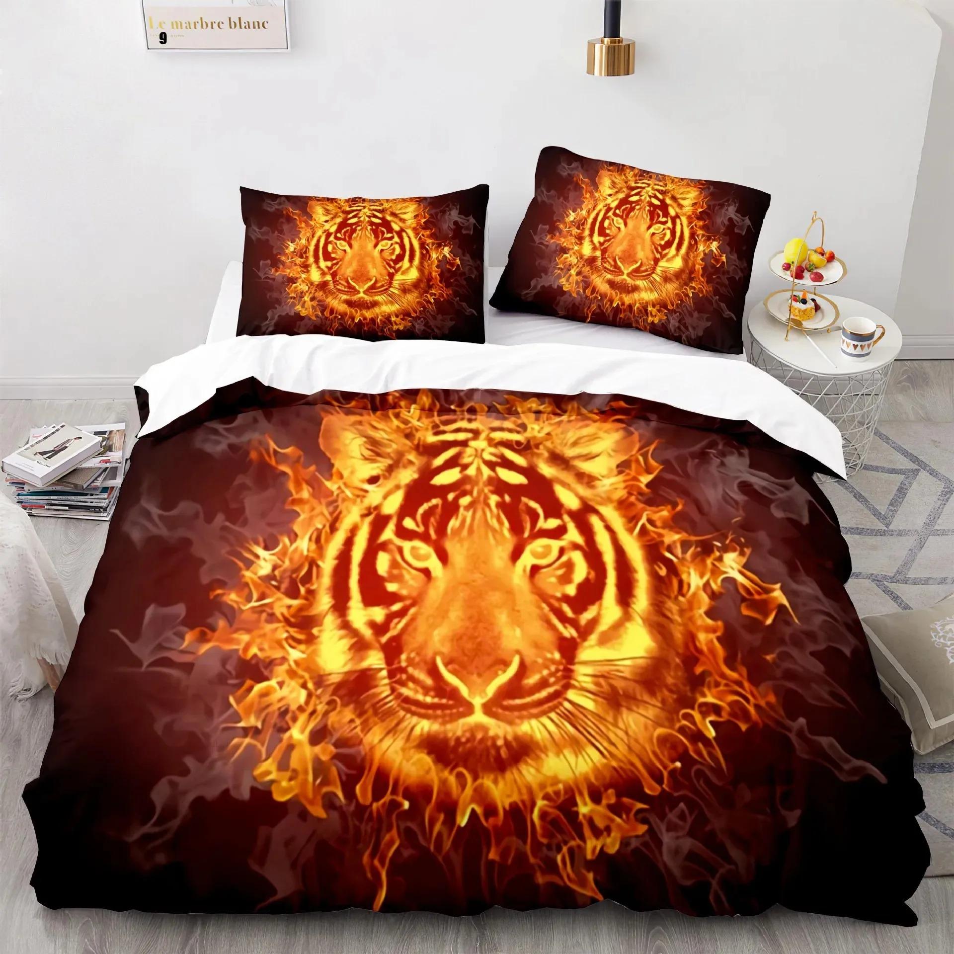 

Flame Tiger 3D Bedding Set Cool Golden Duvet Cover Pillowcases Quilt Cover Gift Single Double Twin King Queen Polyester EU single(135x200cm)