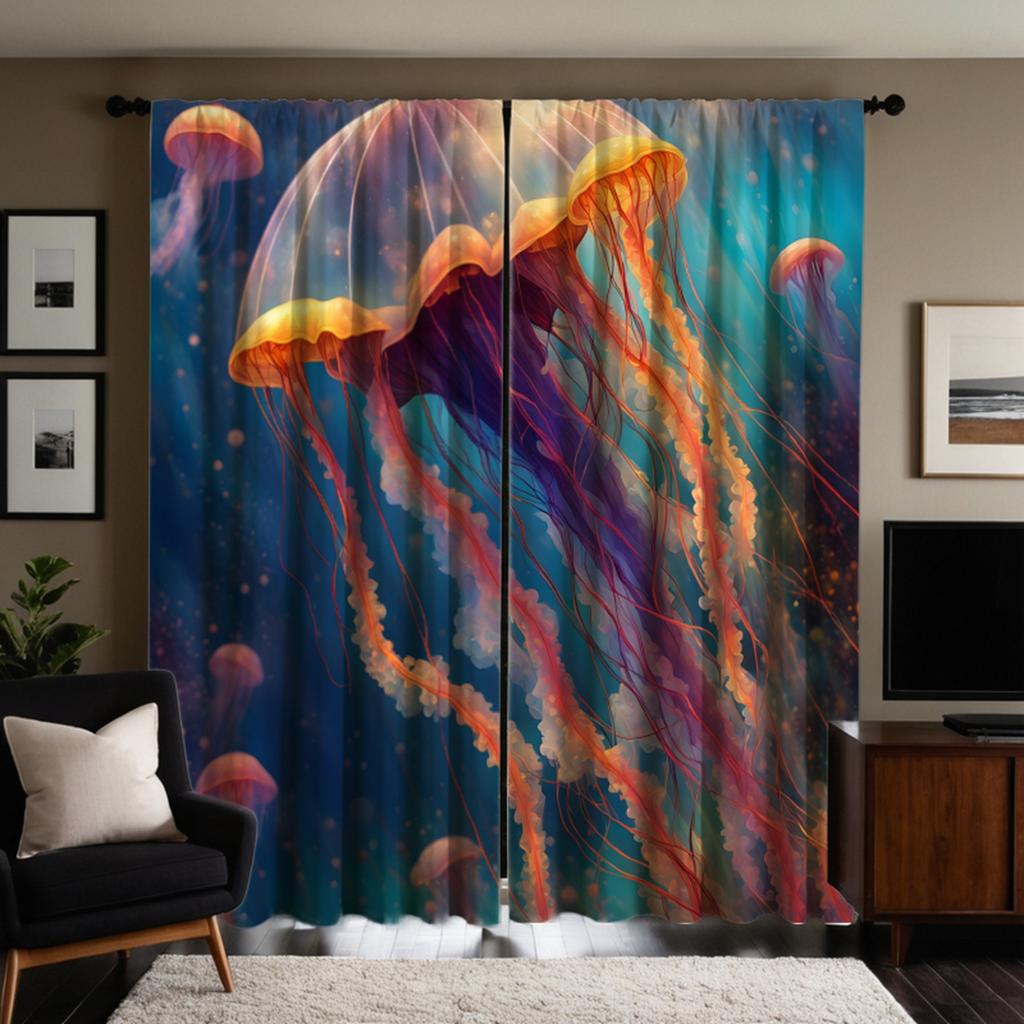 2 st HD Havsbottens Värld självlysande maneter dekorativ gardin Färgsystem digitaltryckt gardin Heminredningsstil Dec