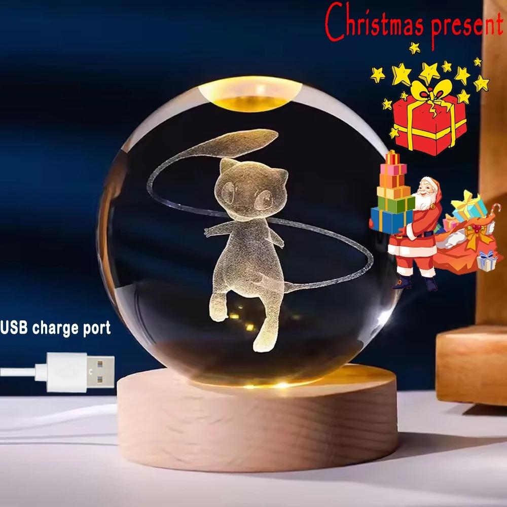 Hot 6cm 3D Crystal Ball Stitch Pikachu Wooden Base with 6cm Crystal Ball Planet Night Light Laser Carving Children's Gifts