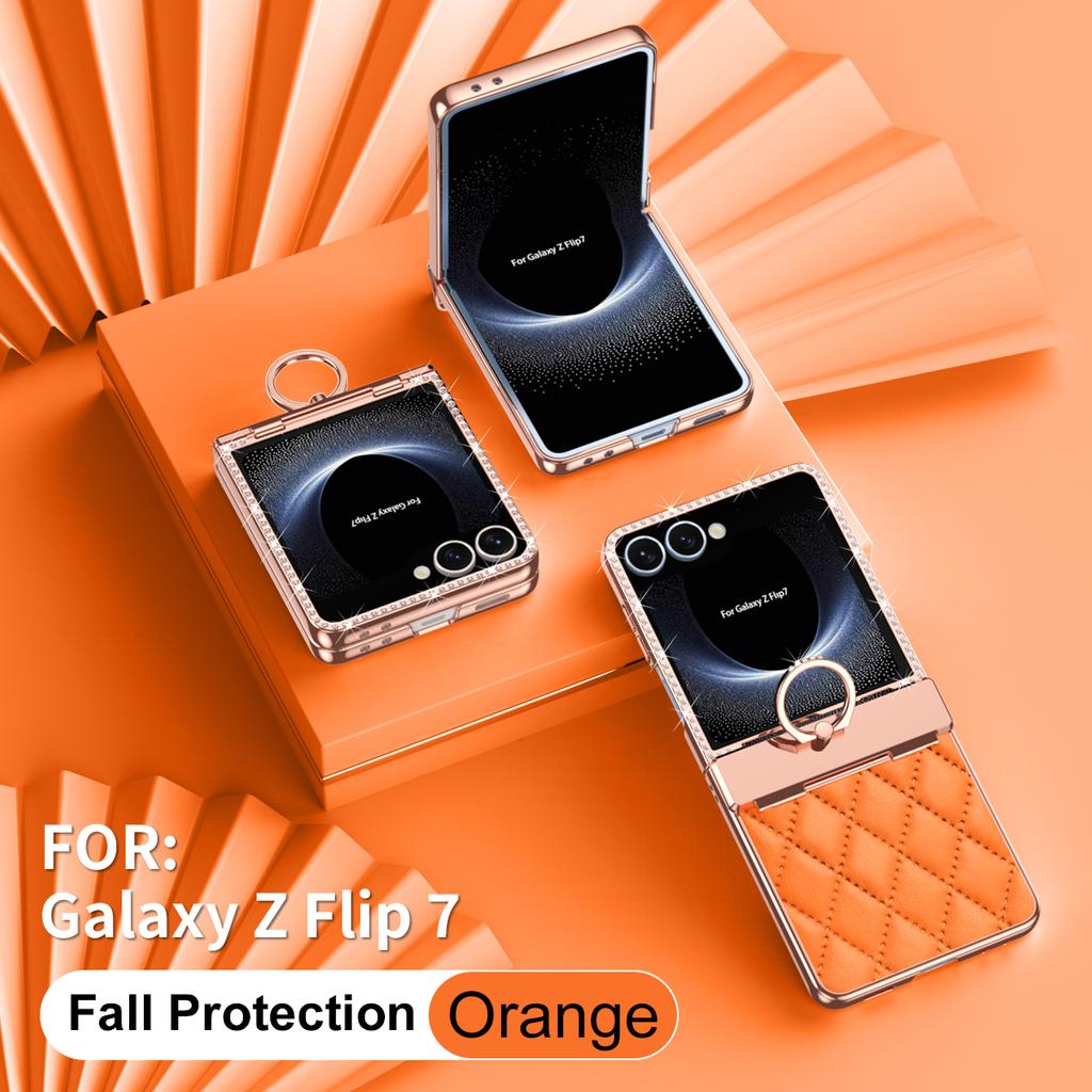Luxury Flash Diamond Plain Leather For Samsung Galaxy Z Flip 7 Case Fold Hinge Rotating Ring Bracket Cover Optional Mirror Film