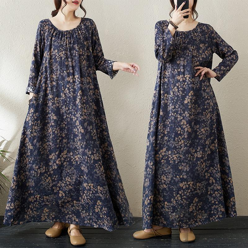 Dress A Variety of Color Holiday Style Travel Round Neck Vintage Flesh-covered Cotton Hemp Long Dress