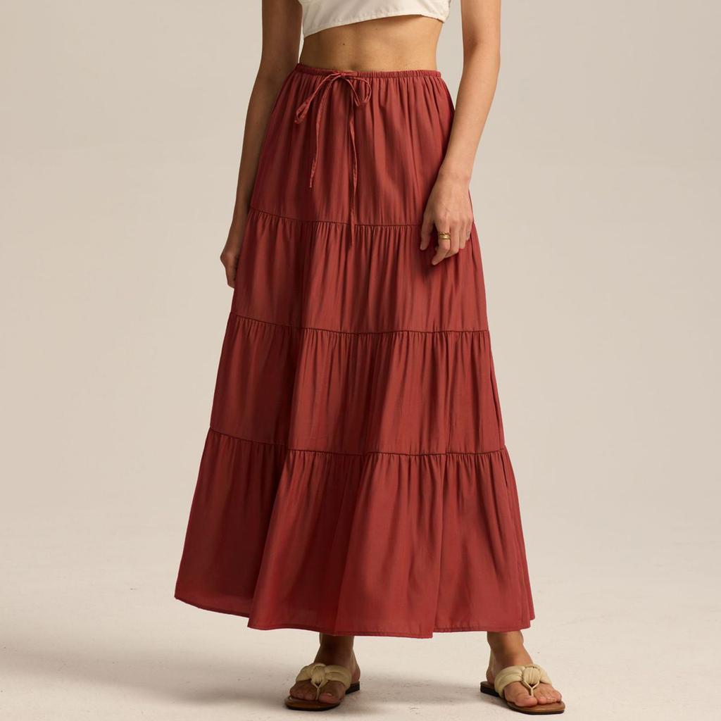Damen Baumwollrock Hohe Taille Elastisch Schnürung Großer Schwingender Rock Lockere Naht Langer Rock