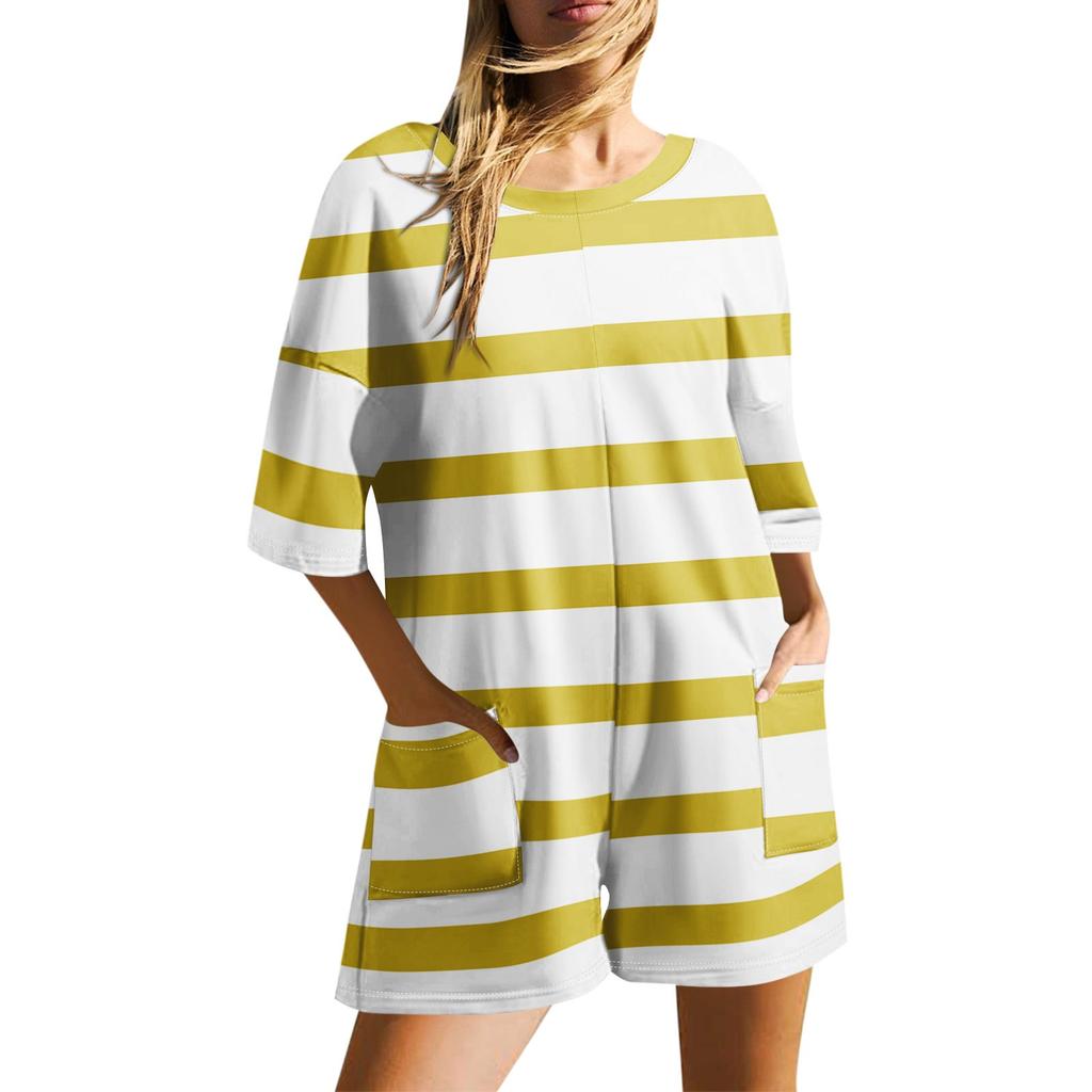 Women's Fashion Casual Printed Round Neck Backless Pocket Short Sleeve Shorts Jumpsuit