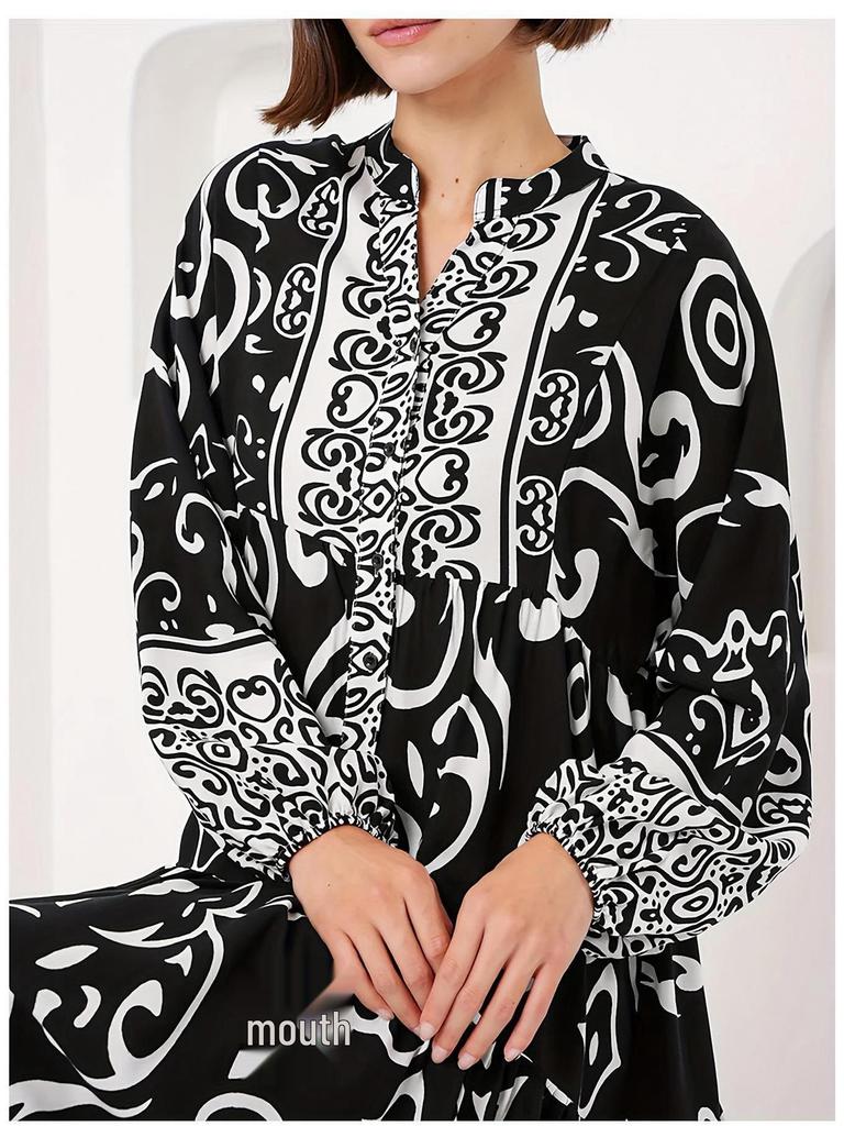 Elegant Long Sleeve V-Neck Arabic Black Dress with Islamic Print