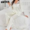 GMXIA Women's Pajamas Autumn and Winter Lace Mesh Long-sleeved Trousers Two-piece Silk Homewear