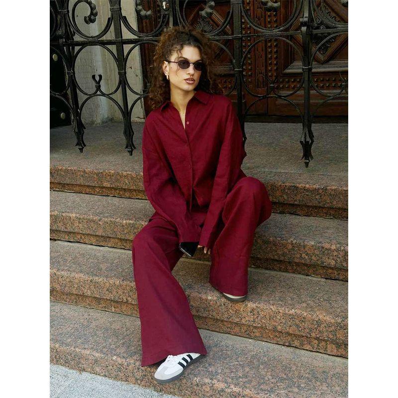 

Long Sleeved Shirt Casual Pants Set Pure Color Long Sleeves Shirt Casual Pants Suit Burgundy XXXL