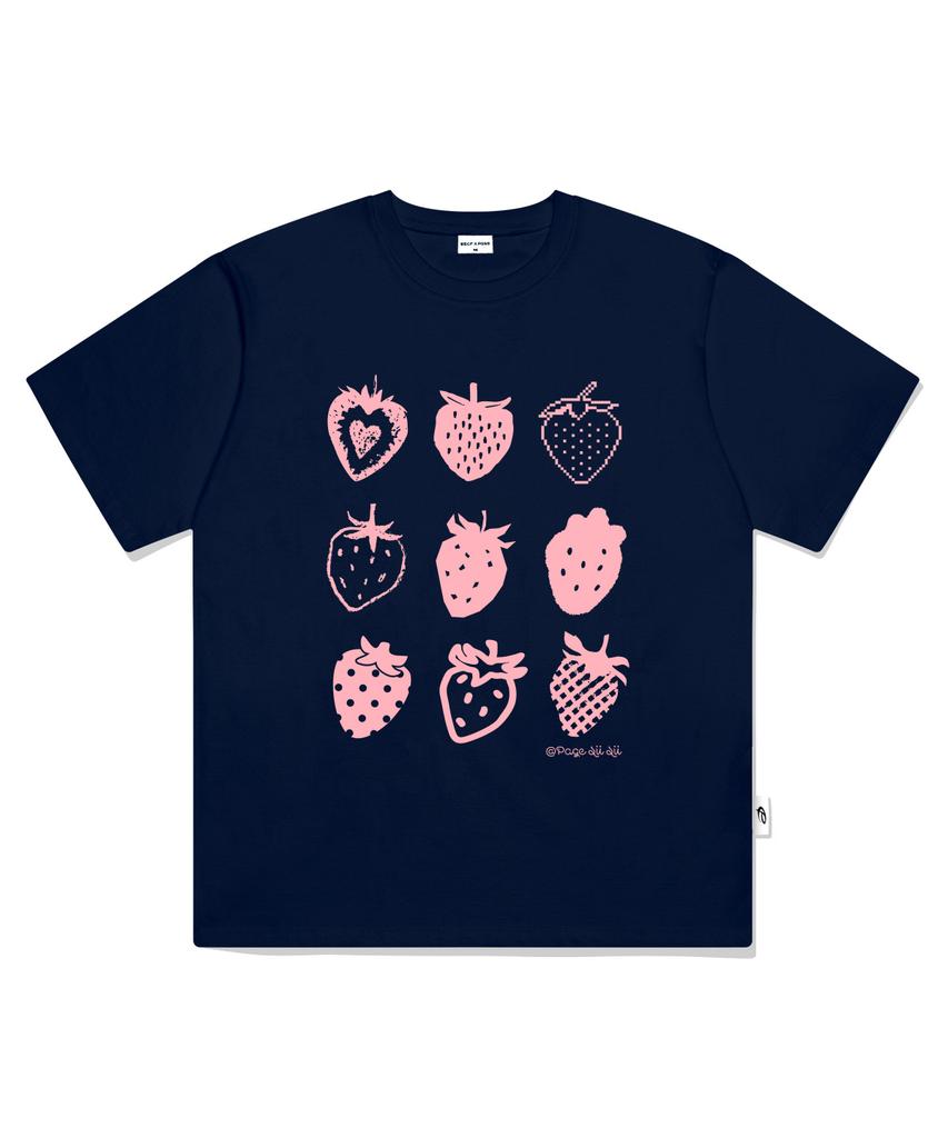 PAGESIISII Strawberry Cube Print Short Sleeve T-Shirt Navy
