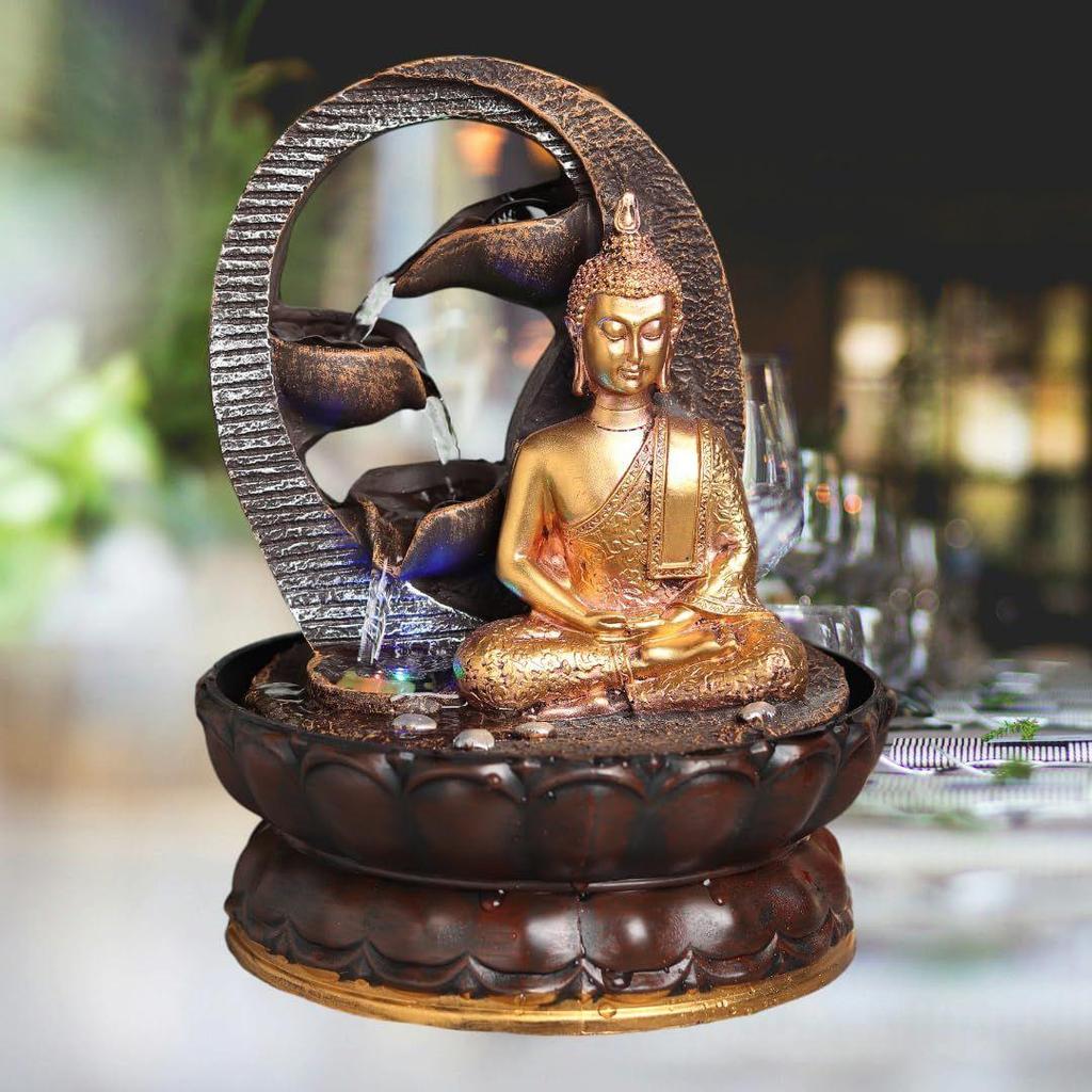 Tischbrunnen Buddha, Polyresin Innen-Außen-Wasserbrunnen mit LED-Lichtern für Heimdeko, Dekoratives Prunkstück, Geschenke