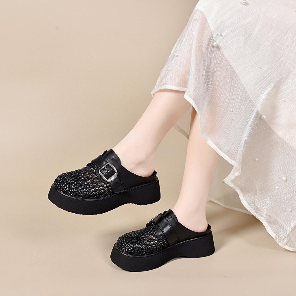Baotou Thick-bottomed Sandals Women's Outer Wear 2025 Summer New Retro Woven Vacation Style Roman Slippers Women's Lazy Drag