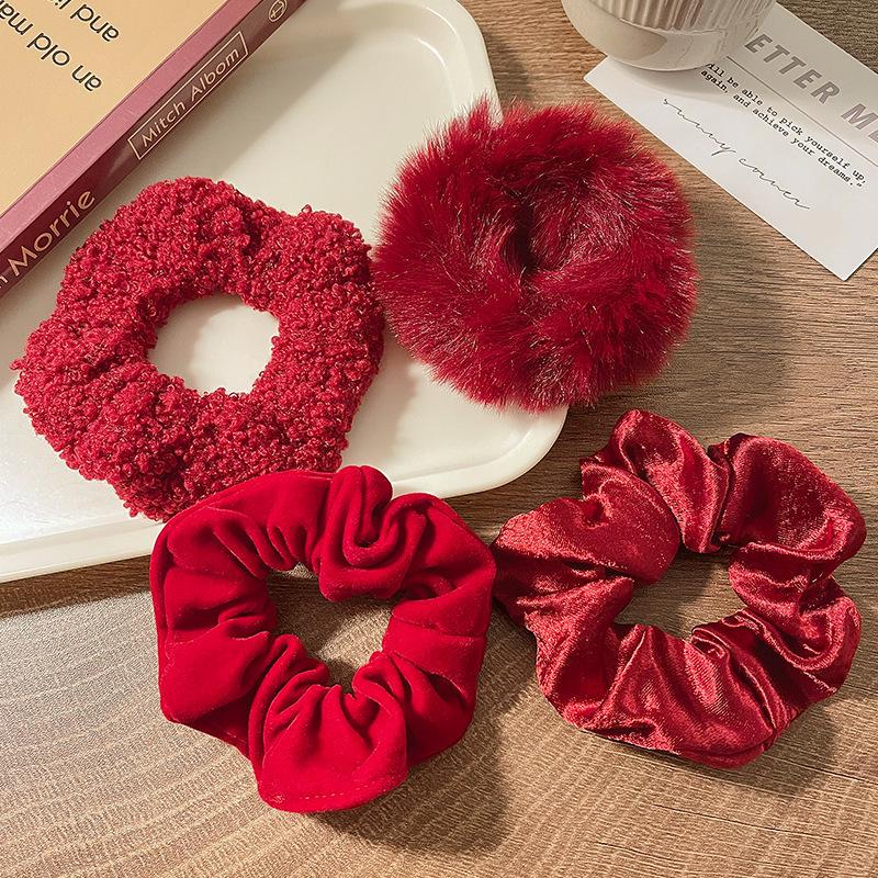 Red Series Plush Hair Scrunchie - Durable Elastic Band for Women's Hairstyles, Bun, and Ponytail - Christmas Hair Accessories.