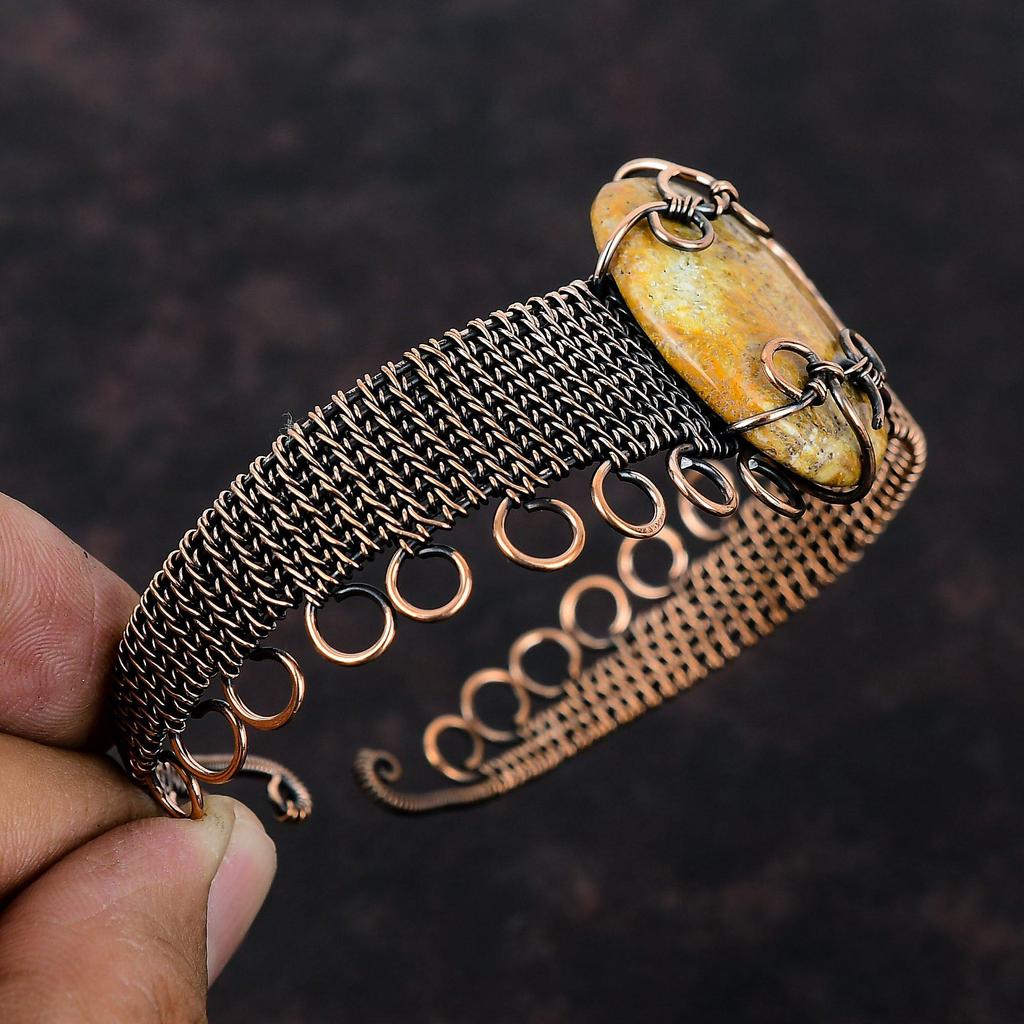 Fossil Coral Cuff Bracelet Copper Wire Wrapped Gemstone Bangle Adjustable Bracelet Copper Jewelry Gift For Mom Handmade Fossil Coral Jewelry