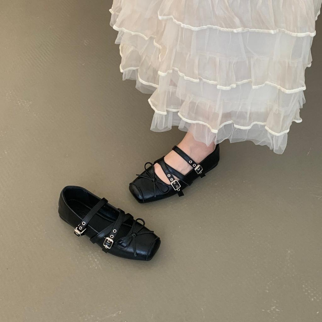 Retro Niche Design Flat-bottomed Square Head Single Shoes Ballet Shoes Early Autumn New French Silver Mary Jane Shoes Women's Shoes