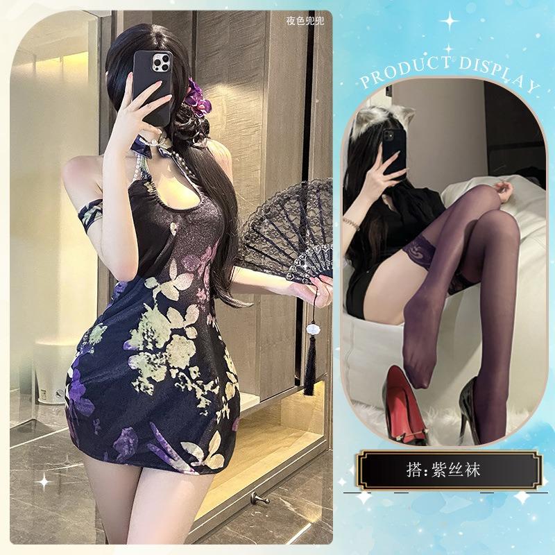 Sex Underwear Temperament Printed Cheongsam Retro Pan Mouth Side High Split Hollow Improved Cheongsam Antique and Sexy