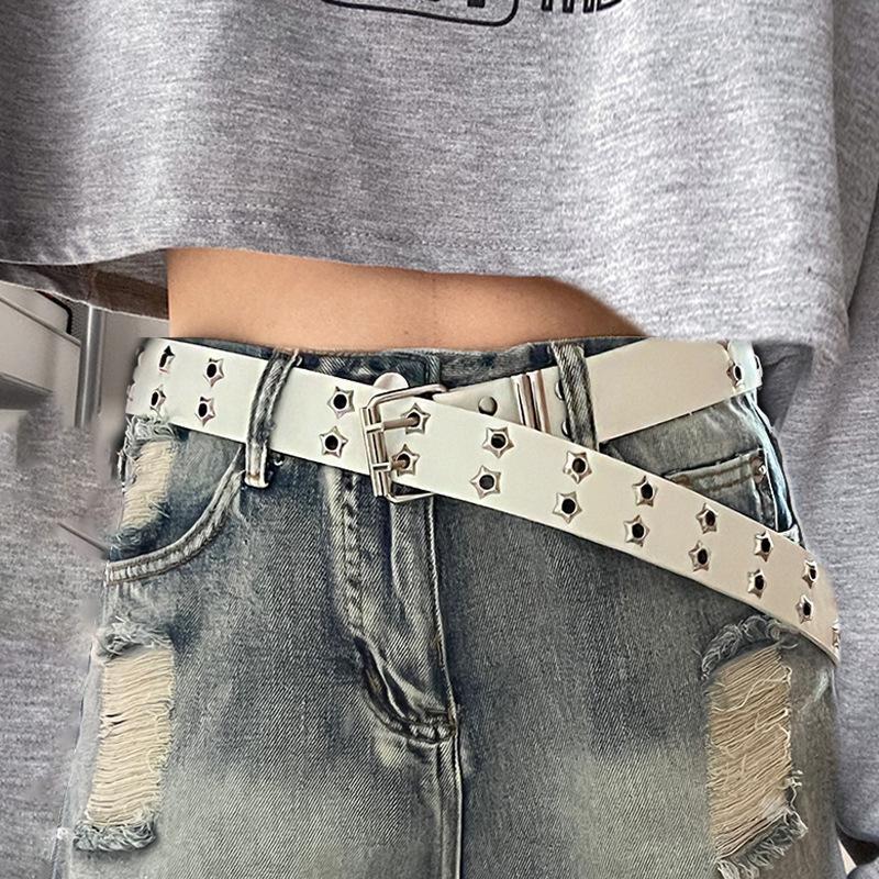 Double Prong Buckle Faux Leather Belt 1Pcs Black Silver Star Studs Cool Punk Style for Men Women Jeans Skirt Matching