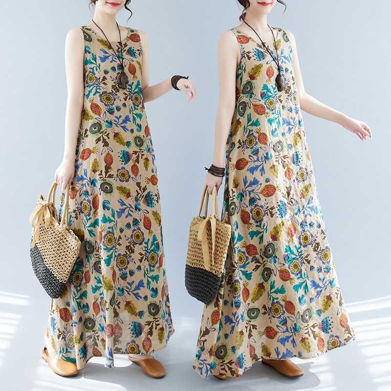 Long Skirt Summer New Sleeveless Round Neck Printed Mid Length Dress