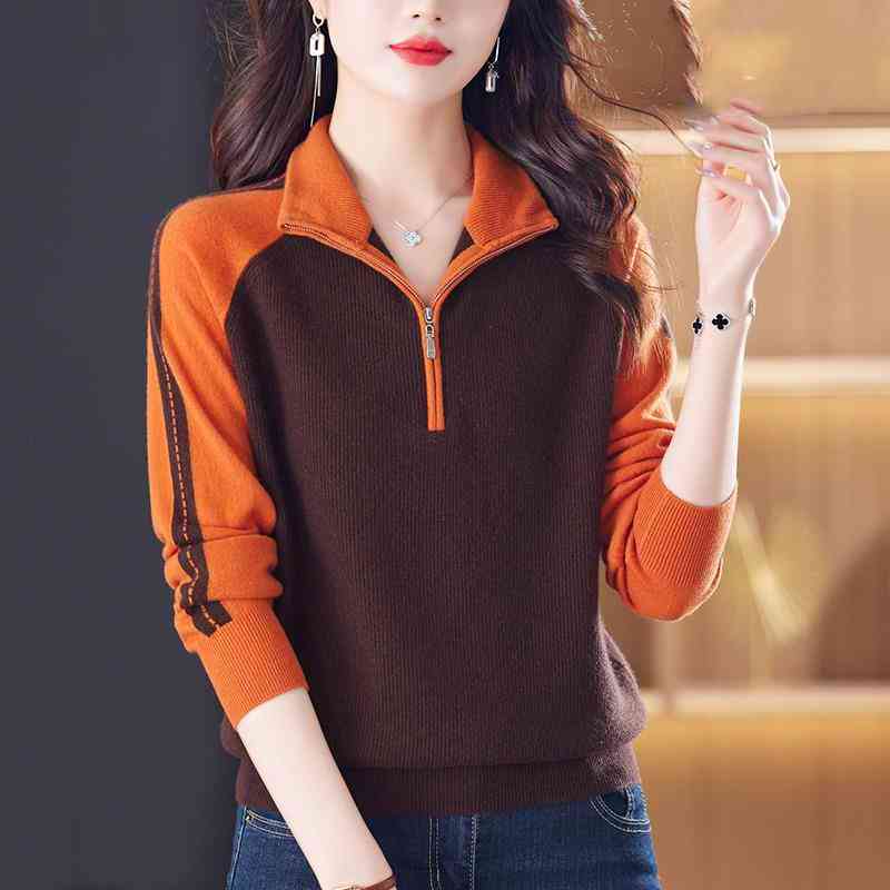 Women's Autumn/Winter Sweater with Zipper Color Blocked Sweater Outer Knitted Sweater Stylish