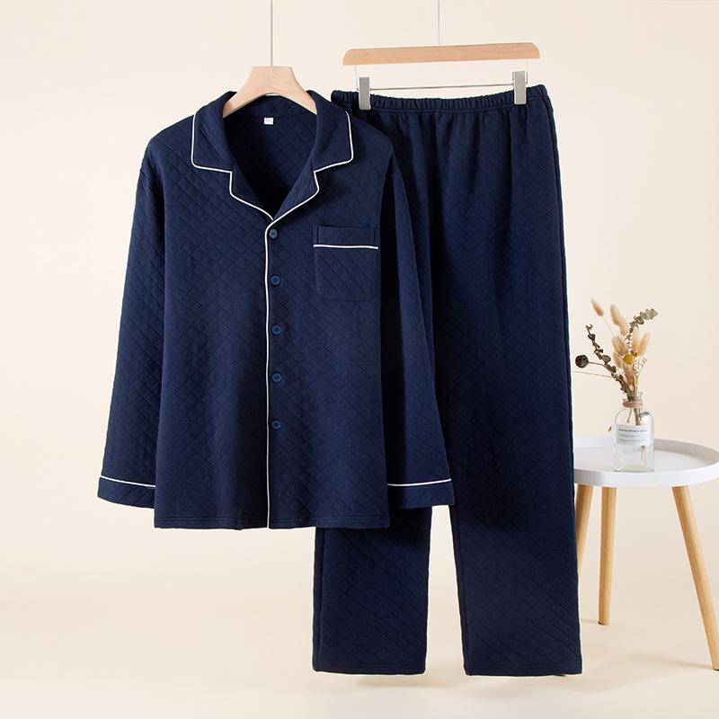 Couple pajamas women's autumn and winter air layer padded cotton simple solid color homewear men's printless pure cotton homewear
