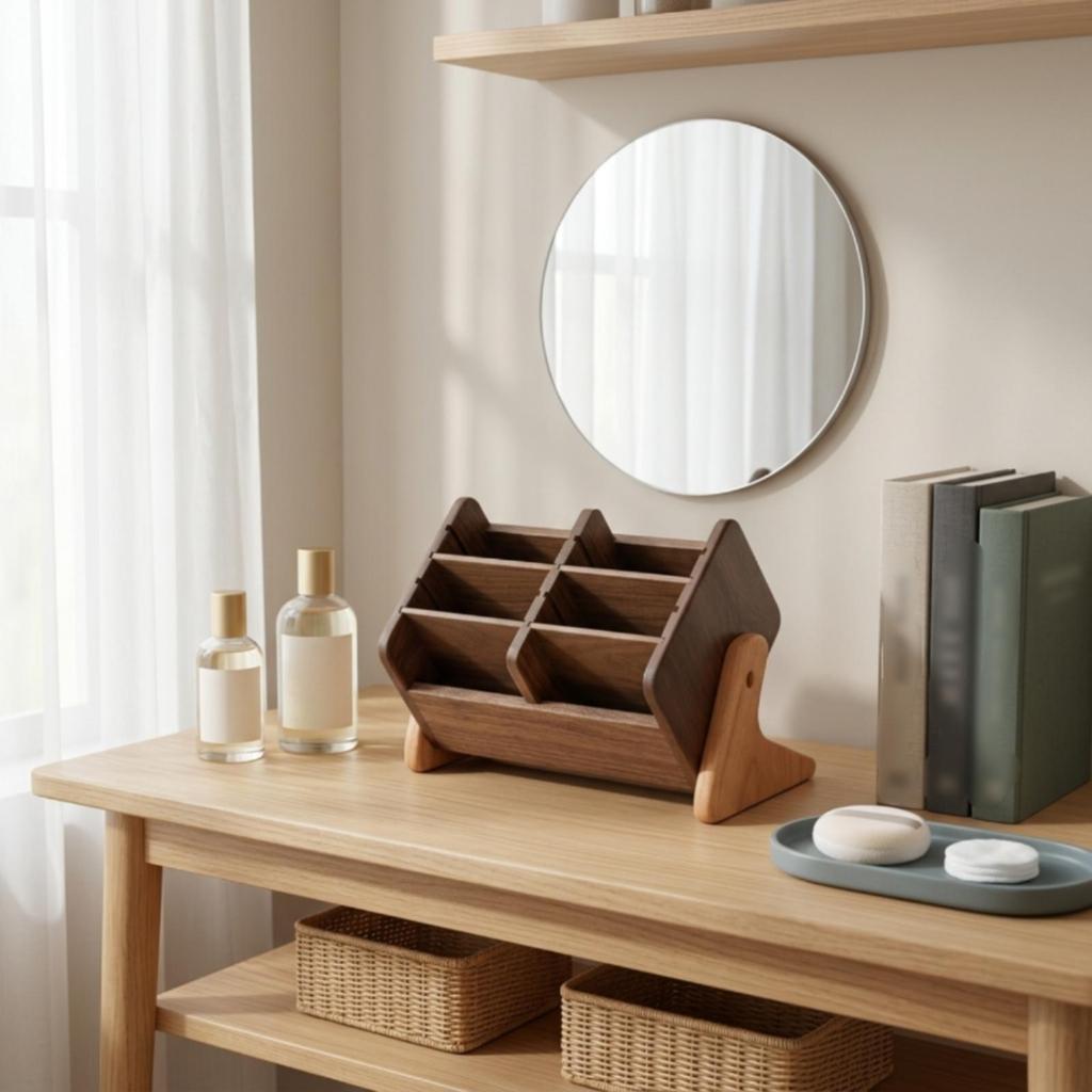 Wooden Cosmetic Storage Box Desktop Makeup Organizer with Compartments Tabletop Vanity