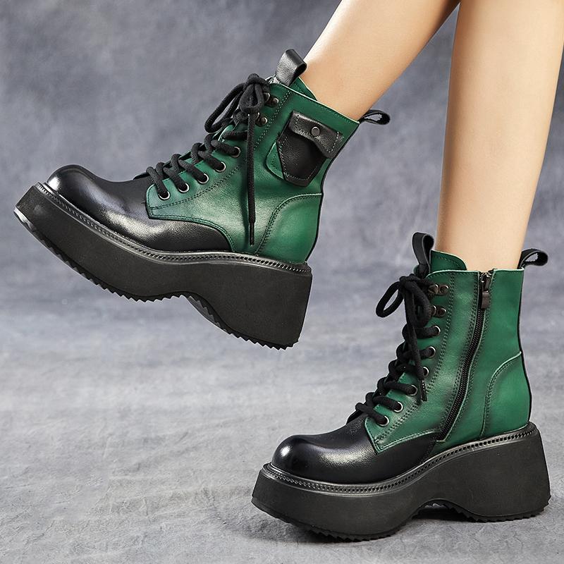 Boty na vysokém podpatku na platformě z pravé kůže 2024 Zima se silnou podrážkou Smíšené barvy s kulatou špičkou Dámské plyšové krátké boty