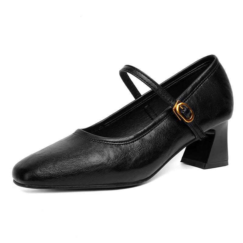 Women High Heels New French Style Retro Buckle Strap Comfortable Soft Square Toe Pumps Daily Simple Versatile Chunky Heel Shoes