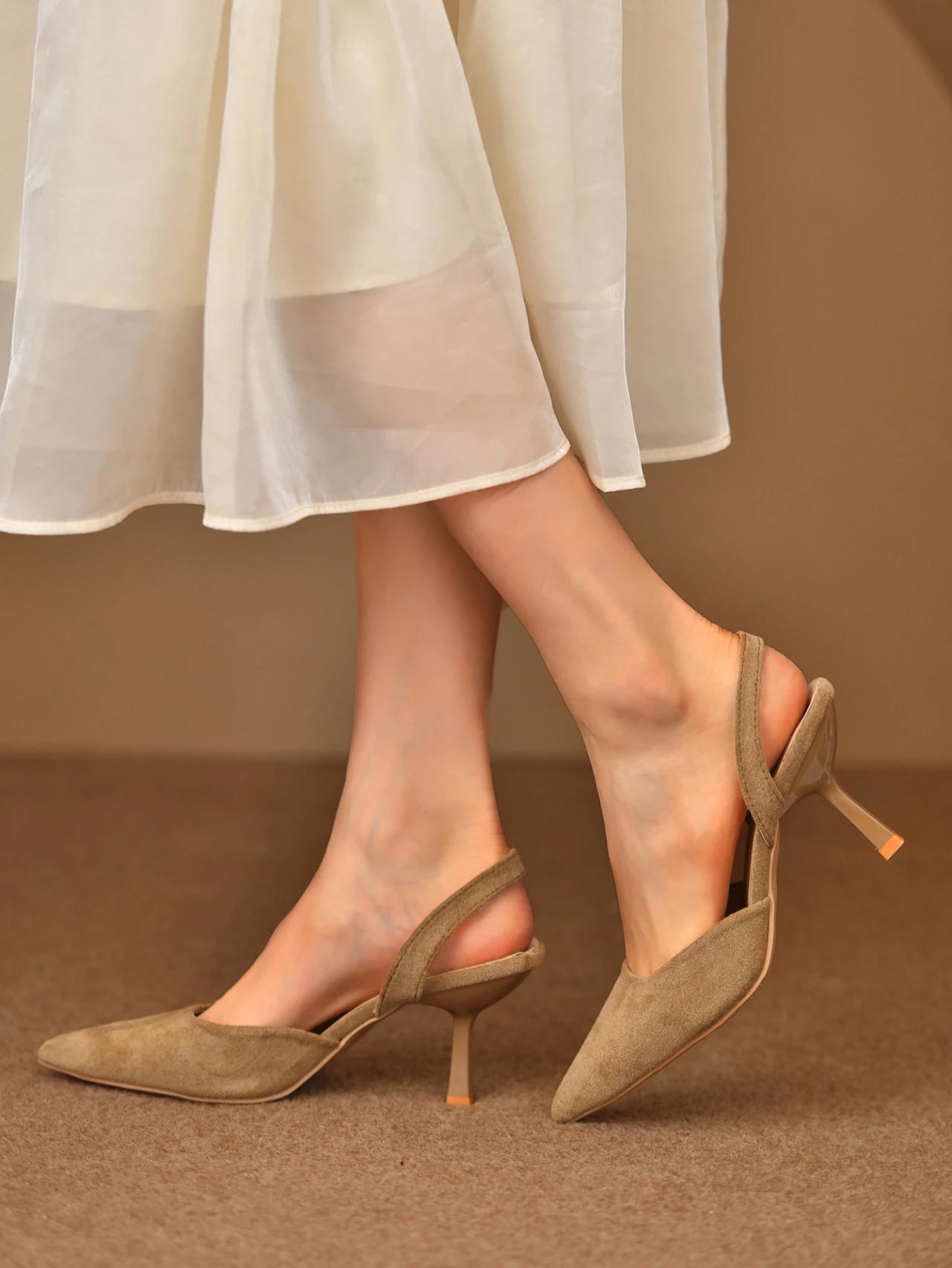 Женские летние босоножки 2024 года Элегантные женские туфли на среднем каблуке с острым — фото 6