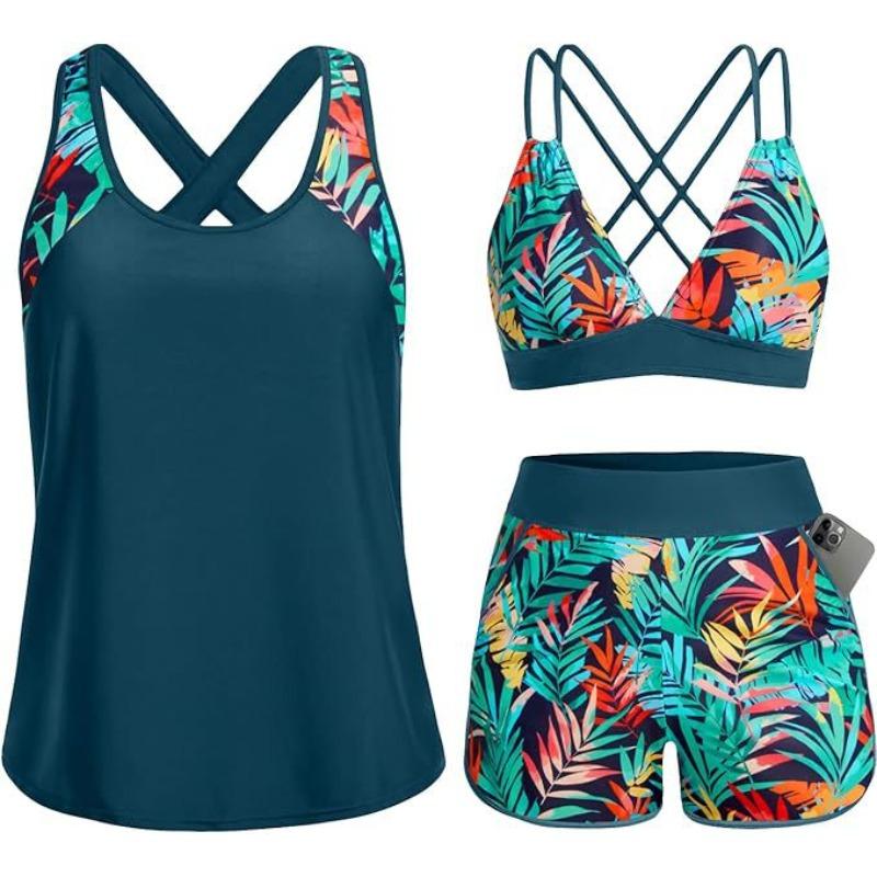 Costume da Bagno Intero a Tre Pezzi da Donna con Tasche Design Incrociato Bellissimo Dorso Bikini Boxer Costume da Bagno Sportivo