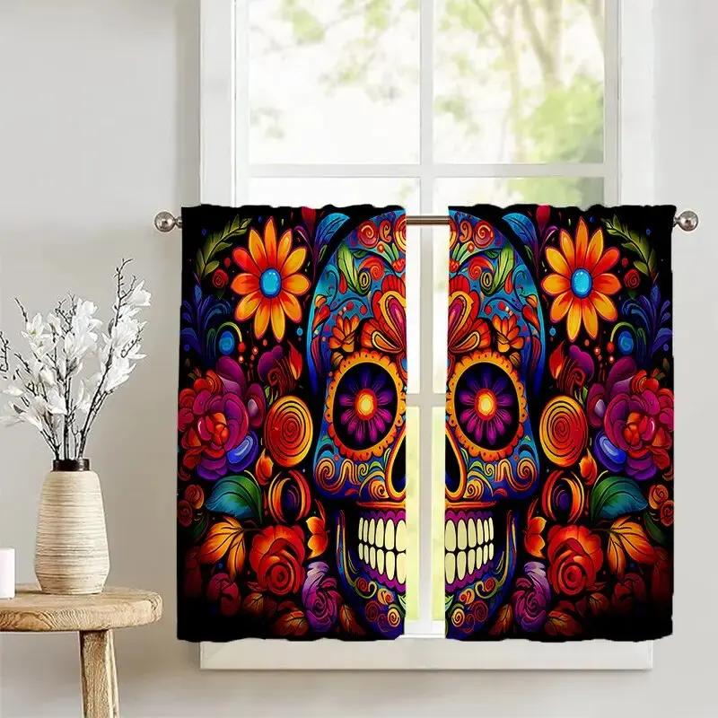Halloween Skull and Flower Pattern Printed Curtains   Window Decorations   Home Decorations   Room Decorations