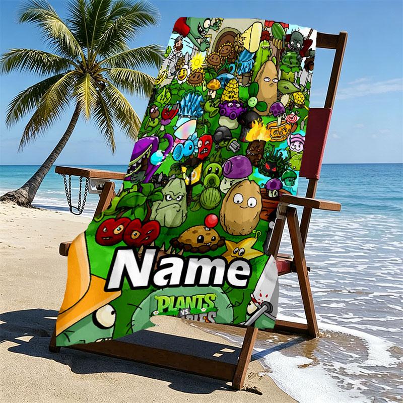 Custom Name Personalized Plants vs. Zombies Print Beach Towel, for Trip Camping Beach Party Home Decor, Birthday Gift for Family & Friends