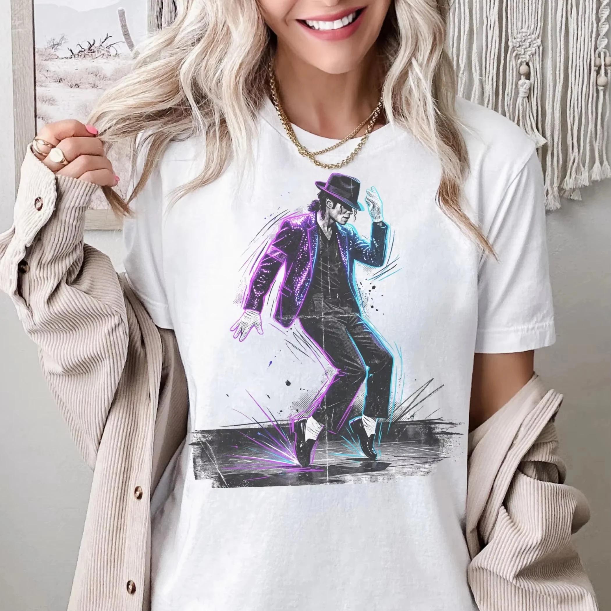 Белая хлопковая футболка Michael Jackson Moonwalk с неоновым принтом его культовой танцевальной позы Женские и мужские футболки 4XL
