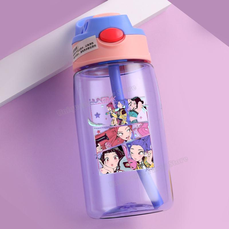 KPop Demon Hunters Kids Water Bottle Outdoors Sport Zoey Mira Rumi Girl Straw Cup Portable Plastics Drink Bottle Birthday Gift