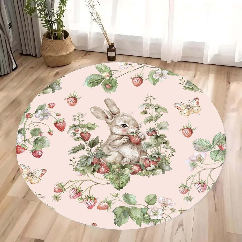 Three Rabbits Round Carpet Easter Flower Rabbit Pattern Non-slip Area Carpet Bedroom and Living Room Carpet Floor Decorative Pad