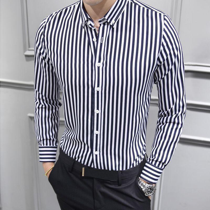 Męskie koszule biznesowe casual w paski, dopasowane, w stylu koreańskim - Modne ubrania na wiosnę/lato
