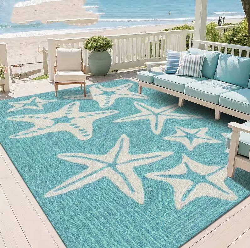 

Beautiful Blue Beach Carpet with Seashell Starfish Living Room Office and Outdoor Use Beach Themed Home Decorative Carpet 40x60cm