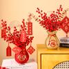 New Year'S Berry Flower Arrangement Chinese Red Fruit Golden Simulated Leaves Wealth Fortune Blessing Flower Vase Bucket Decor