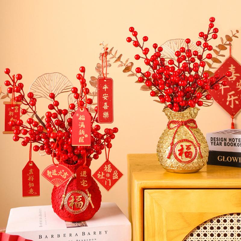 New Year'S Berry Flower Arrangement Chinese Red Fruit Golden Simulated Leaves Wealth Fortune Blessing Flower Vase Bucket Decor