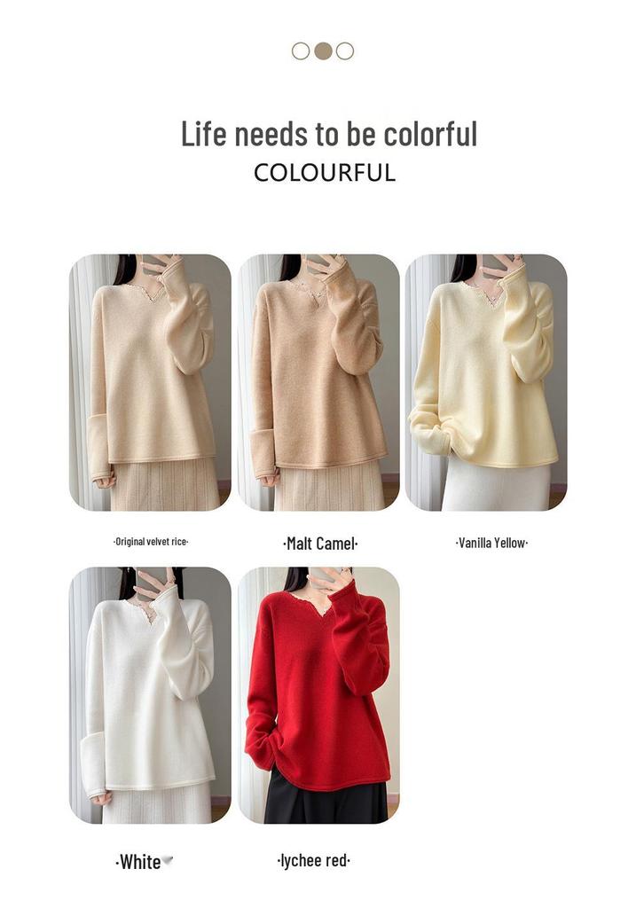 Women's 100% Wool V-Neck Lace Knit Pullover - Long Sleeve, Solid Color, Loose Fit Sweater for Autumn/Winter