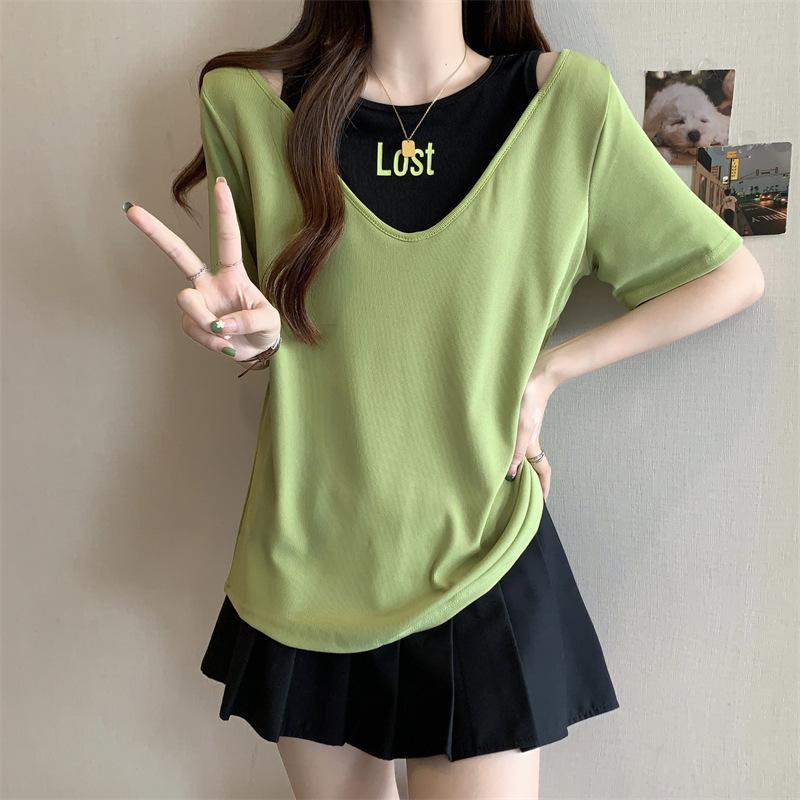 Women's Korean-Style Fashionable Loose Slimming Short-Sleeved Fake Two-Piece Summer Top